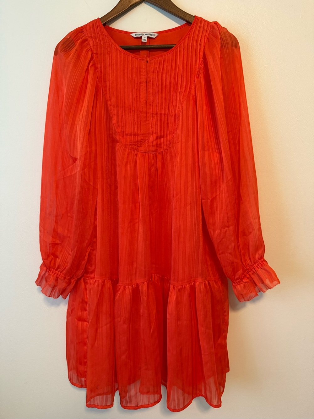 Elizabeth and James Fresh Lava Orange Pintuck Peasant Dress Boho Ruffle